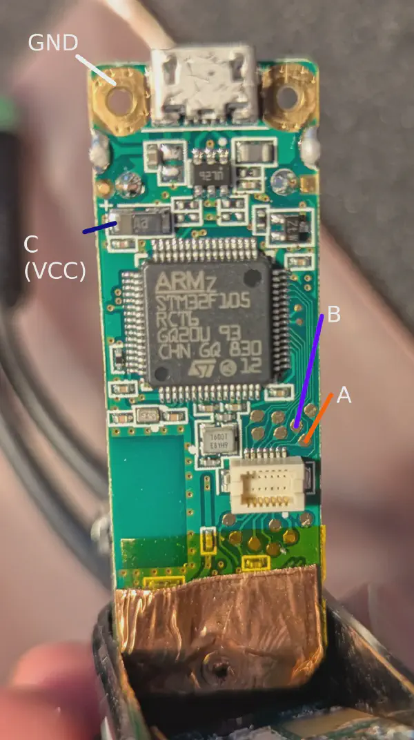 Annotated front side of the TCU PCB